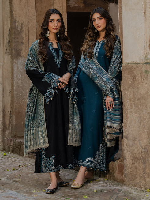 IZEL-3PC KHADDAR EMBROIDERED SHIRT WITH COURTRAI PRINTED SHAWL & TROUSER-FW-226