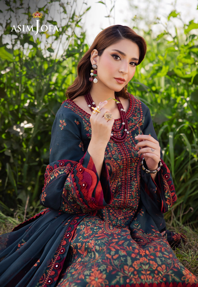 ASIM JOFA-3PC DHANAK EMBROIDERED SHIRT WITH DHANAK EMBROIDERED SHAWL AND TROUSER -FW-1