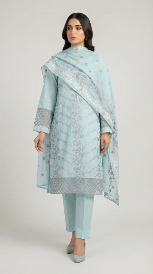 AIRY CLOTHES -3PC EMBROIDED LAWN DRESS WITH EMBROIDED CHIFFON DUPATTA- FCO-35