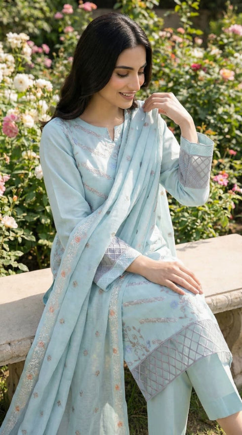 AIRY CLOTHES -3PC EMBROIDED LAWN DRESS WITH EMBROIDED CHIFFON DUPATTA- FCO-35