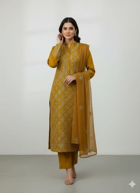 AIRY CLOTHES -3PC EMBROIDED LAWN DRESS WITH EMBROIDED CHIFFON DUPATTA- FCO-32