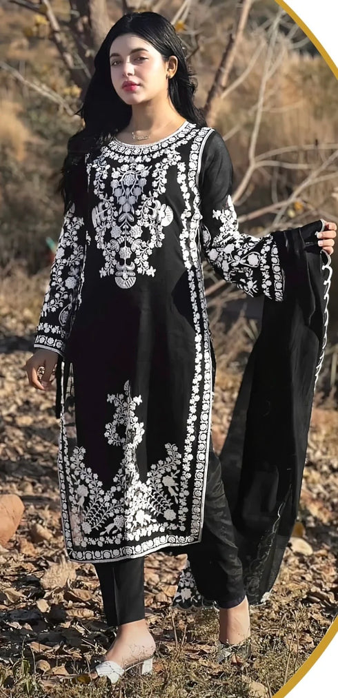 JAZMINE -3PC EMBROIDED LAWN DRESS WITH CHIFFON EMBROIDED DUPPATA- FCO-143