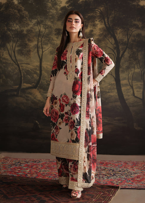 ZAINAB CHOTANI-3PC SHAMOZE SILK PRINTED EMBROIDERED SHIRT WITH SOFT SILK PRINTED EMB DUPATTA & EMB TROUSER FS-3