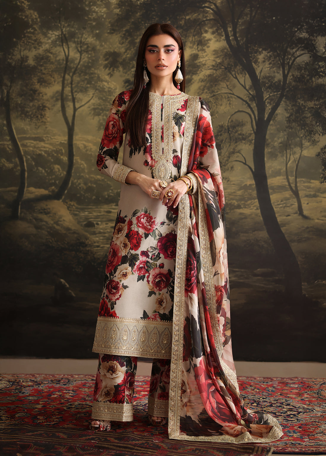 ZAINAB CHOTANI-3PC SHAMOZE SILK PRINTED EMBROIDERED SHIRT WITH SOFT SILK PRINTED EMB DUPATTA & EMB TROUSER FS-3