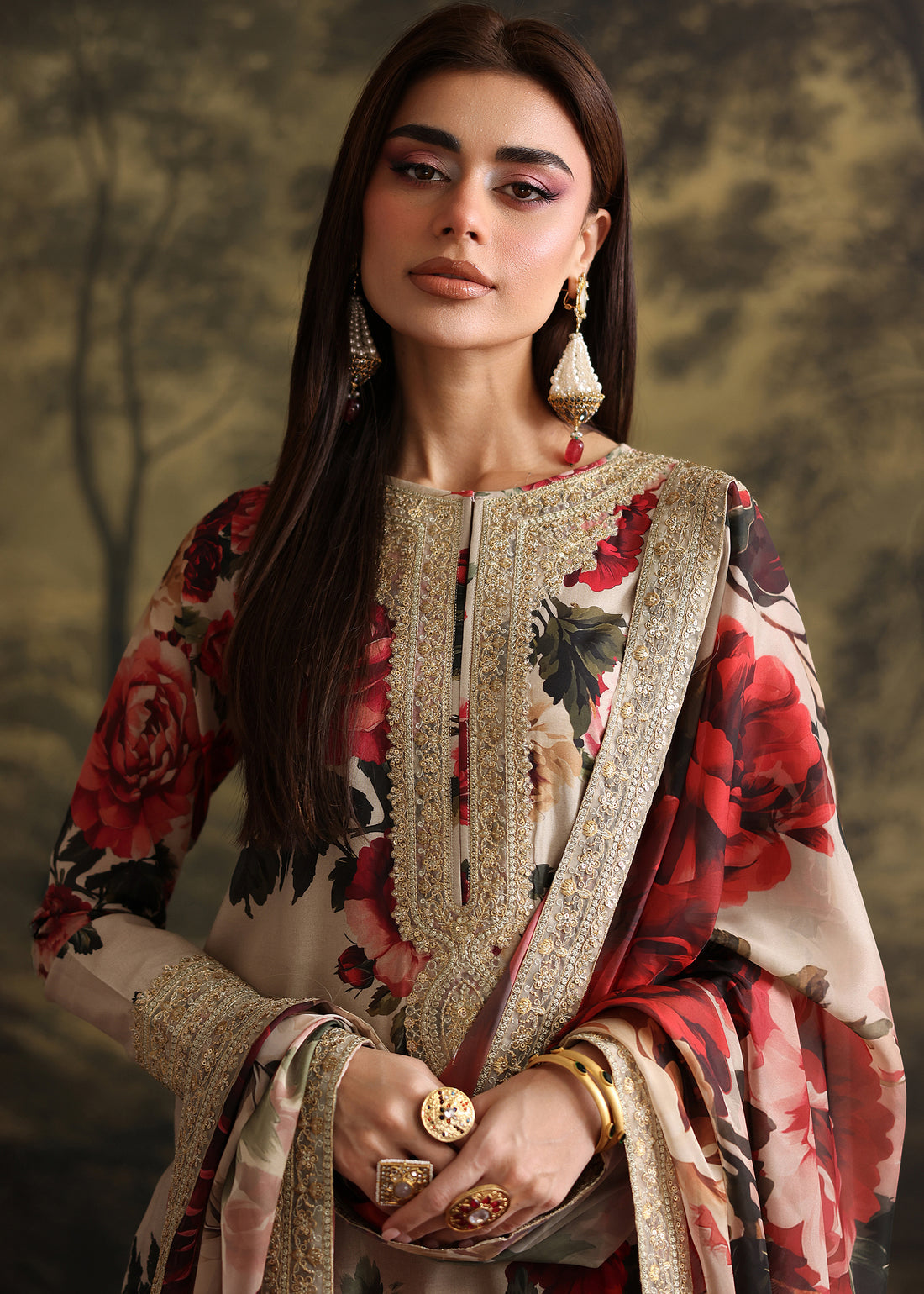 ZAINAB CHOTANI-3PC SHAMOZE SILK PRINTED EMBROIDERED SHIRT WITH SOFT SILK PRINTED EMB DUPATTA & EMB TROUSER FS-3