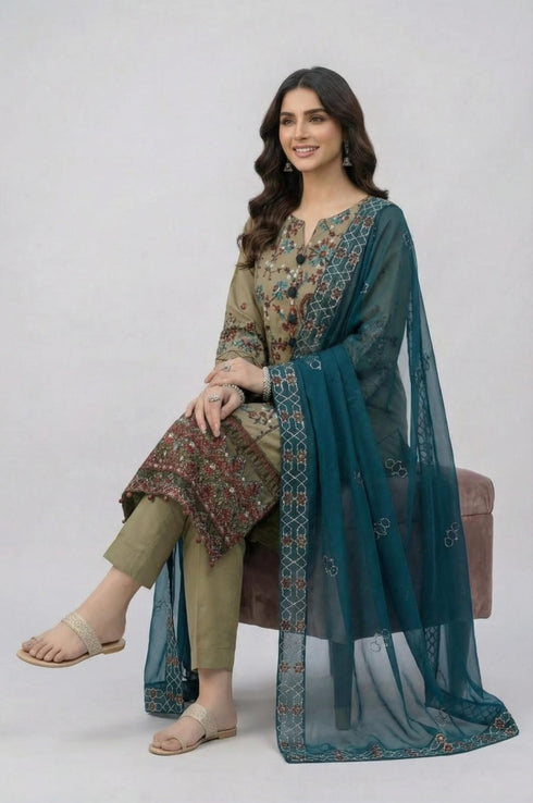 AIRY CLOTHES -3PC EMBROIDED LAWN DRESS WITH EMBROIDED CHIFFON DUPATTA- FCO-36