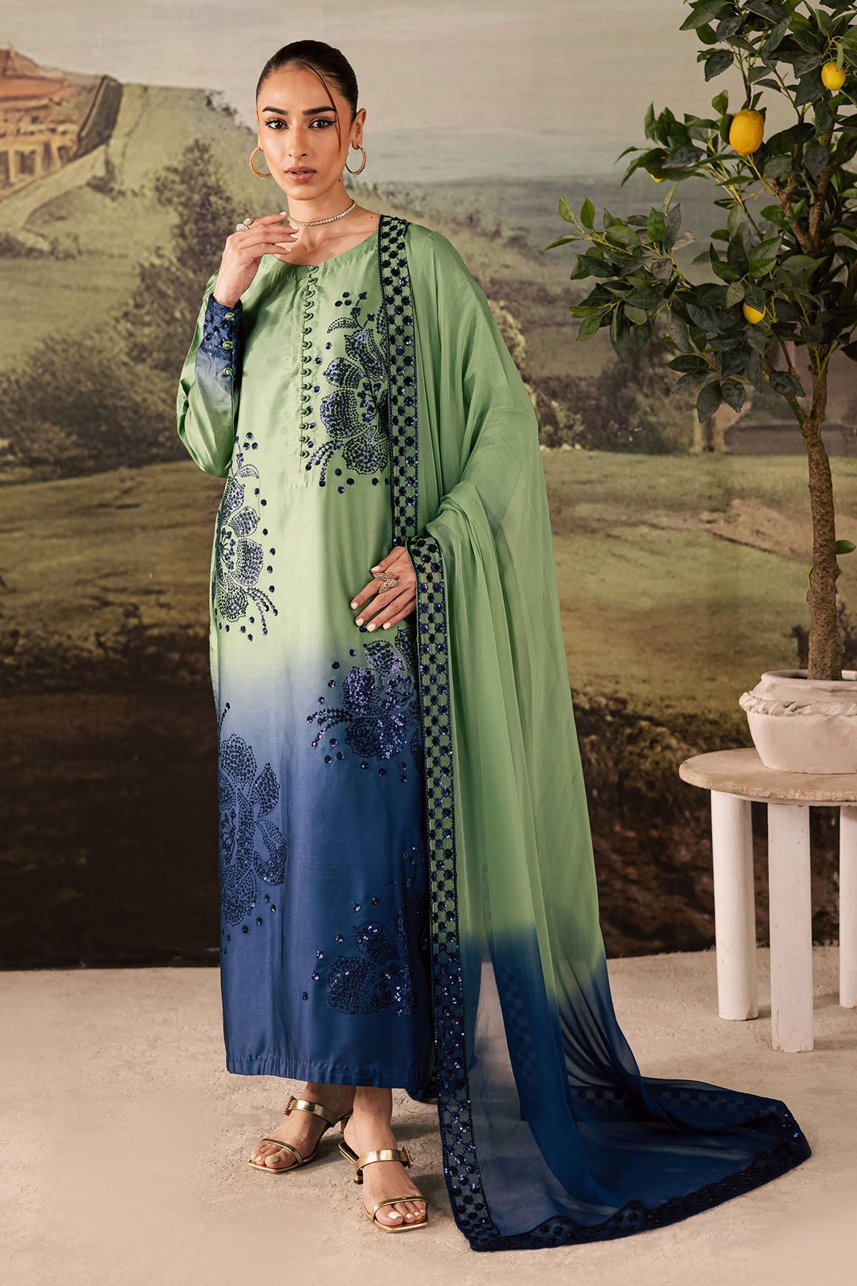 NUREH-3PC SHAMOZE SILK PRINTED EMBROIDERED SHIRT WITH SOFT SILK PRINTED EMB DUPATTA & TROUSER FS-4