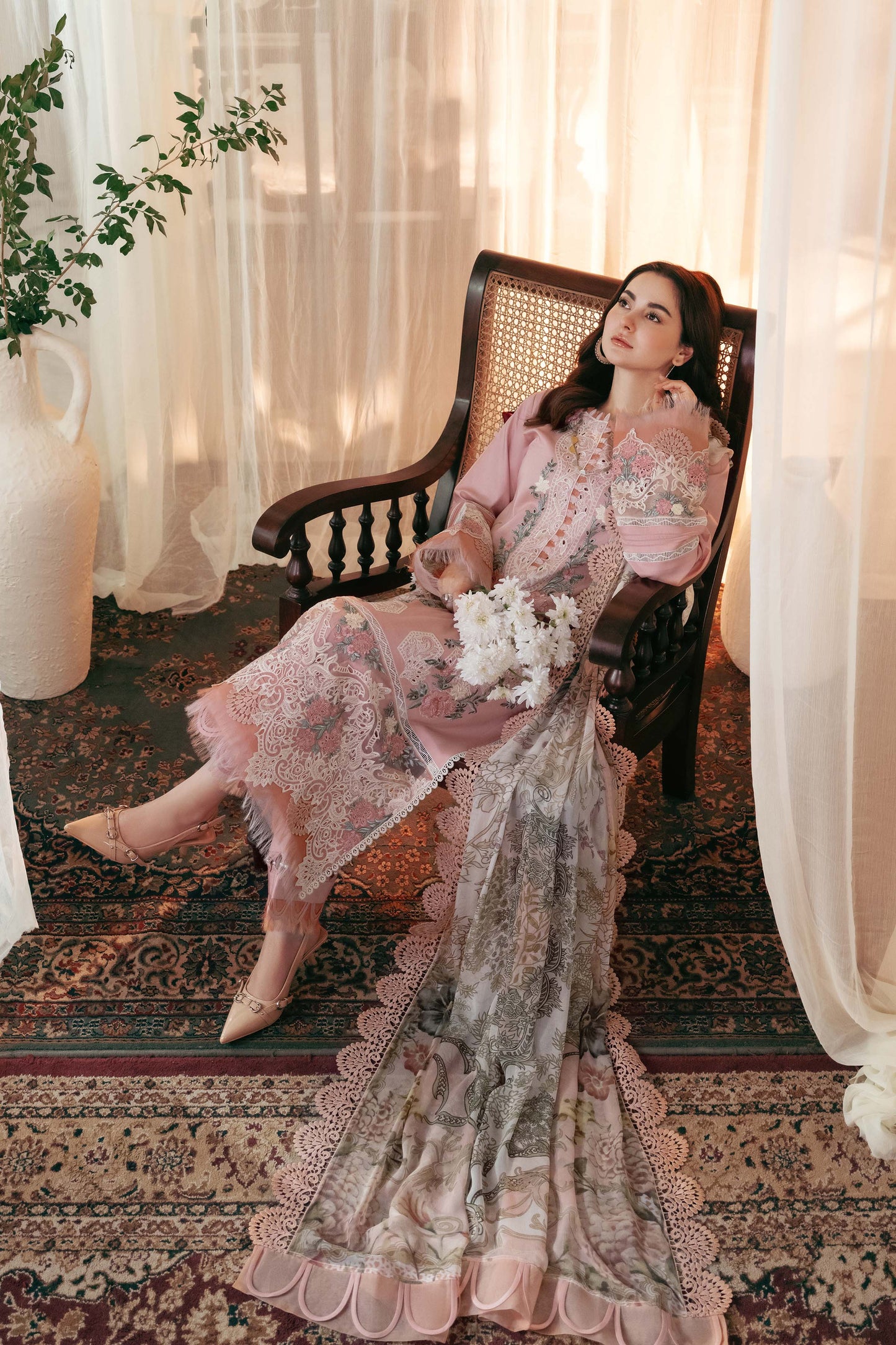 JADE-3PC DHANAK EMBROIDERED SHIRT WITH COUTRAI PRINTED SHAWL AND TROUSER-FW-16