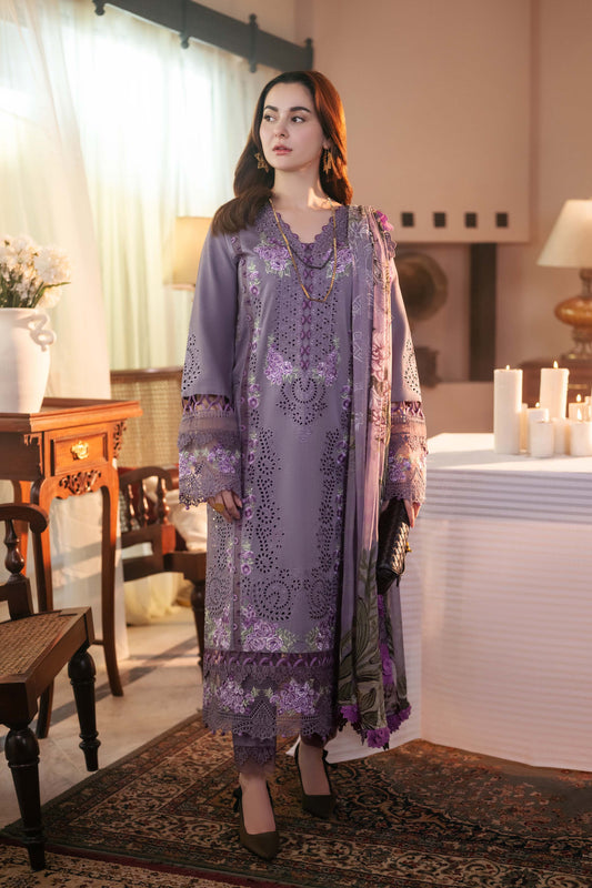 JADE-3PC DHANAK CHIKAN EMBROIDERED SHIRT WITH COURTRAI PRINTED SHAWL AND TROUSER-BIC-4166