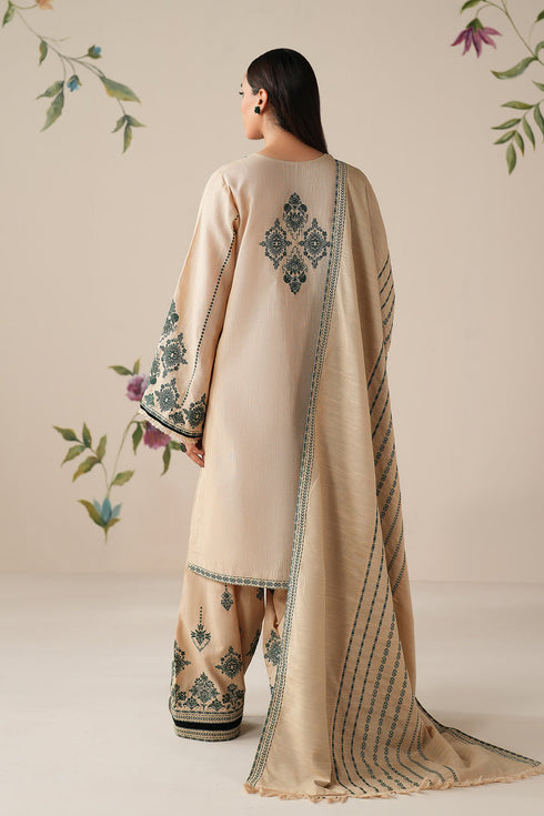 BAROUQE-3PC DHANAK EMBROIDERED SHIRT WITH DHANAK EMBROIDERED SHAWL AND TROUSER -FW-229