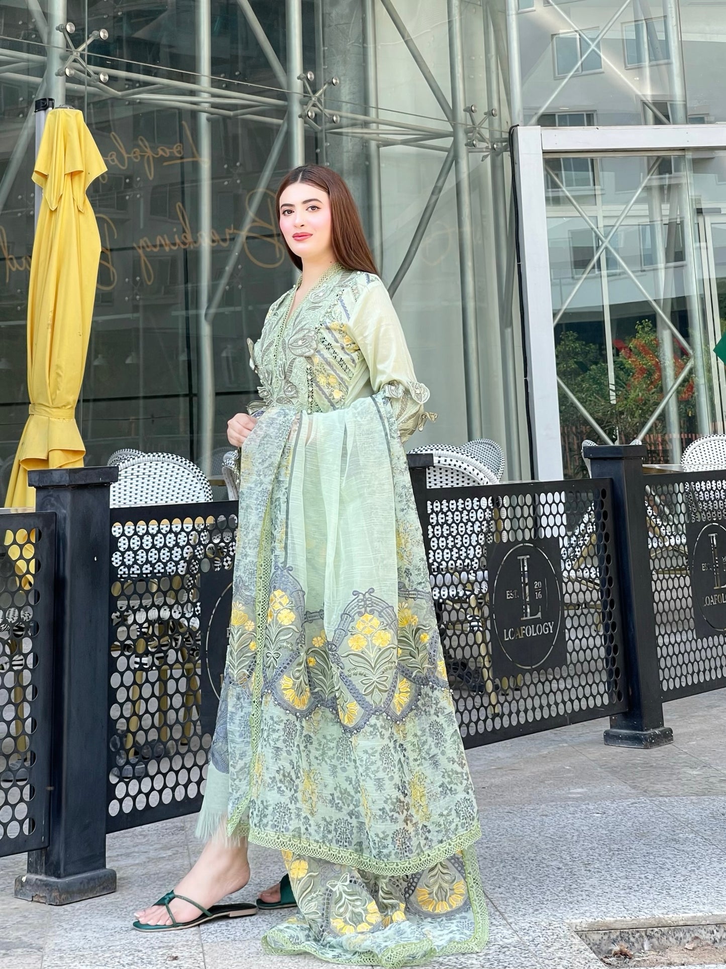 Fairy Clothes -EMBROIDED CUTWORK LINEN DRESS WITH FOUR SIDE EMBROIDED COTTON ORGANZA DUPATTA FN-142