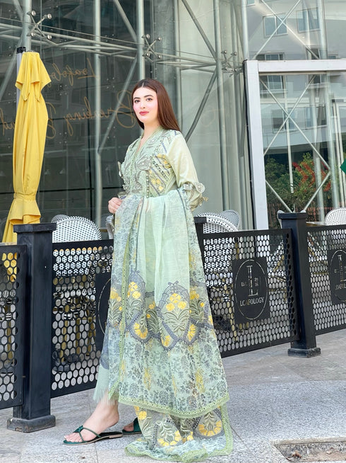 Fairy Clothes -EMBROIDED CUTWORK LINEN DRESS WITH FOUR SIDE EMBROIDED COTTON ORGANZA DUPATTA FN-142