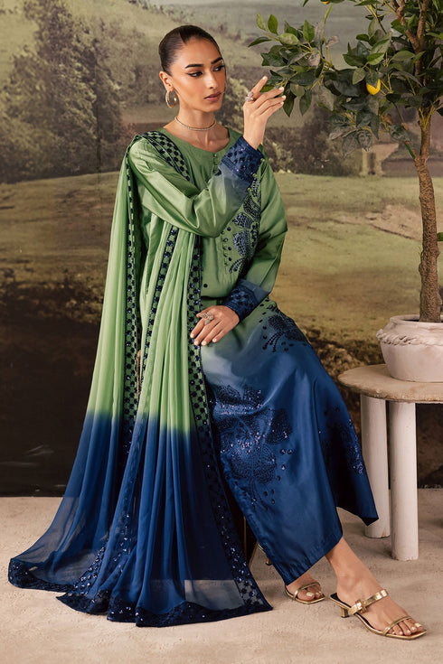 NUREH-3PC SHAMOZE SILK PRINTED EMBROIDERED SHIRT WITH SOFT SILK PRINTED EMB DUPATTA & TROUSER FS-4