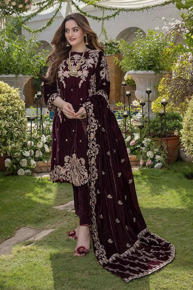 SANA ABBAS -3PC EMBROIDERED VELVET DRESS WITH HEAVY EMBROIDED NET DUPATTA- FPW-19