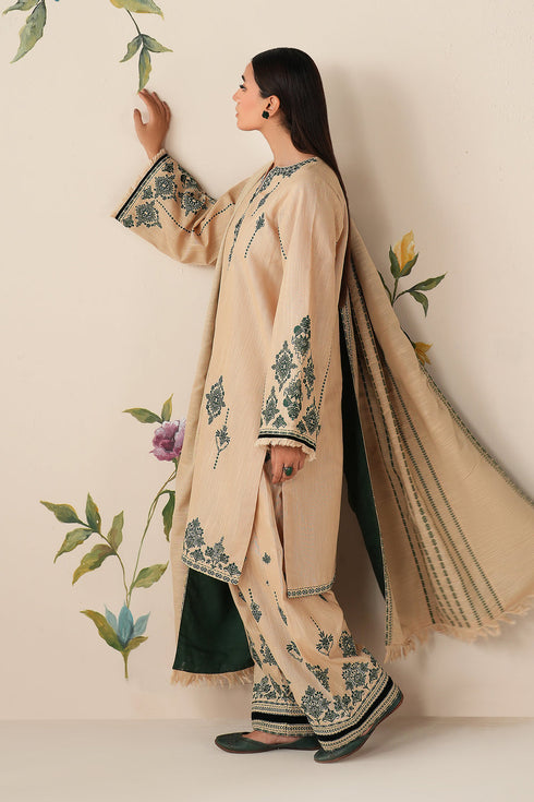 BAROUQE-3PC DHANAK EMBROIDERED SHIRT WITH DHANAK EMBROIDERED SHAWL AND TROUSER -FW-229