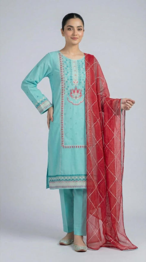 FAIRY CLOTHES-3PC EMBROIDED LAWN DRESS WITH EMBROIDED CHIFFON DUPATTA- FCO-49