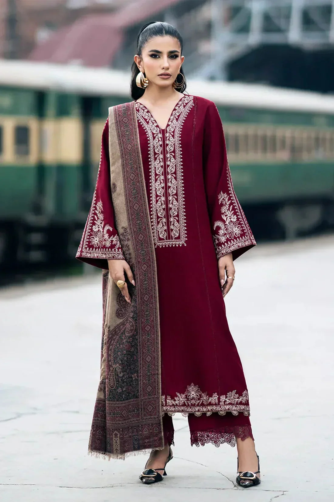 ZARA SHAHJAHAN -3PC EMBROIDERED MARINA DRESS WITH PRINTED MARINA WOOL SHAWL- FW-91