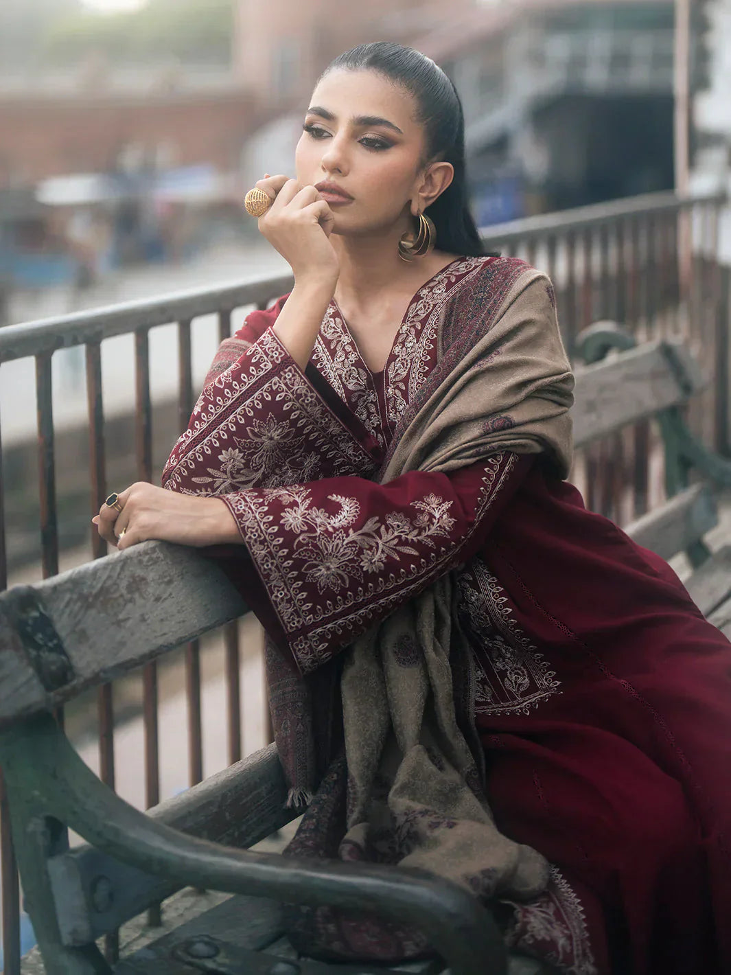 ZARA SHAHJAHAN -3PC EMBROIDERED MARINA DRESS WITH PRINTED MARINA WOOL SHAWL- FW-91