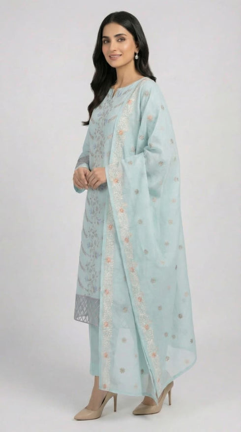 AIRY CLOTHES -3PC EMBROIDED LAWN DRESS WITH EMBROIDED CHIFFON DUPATTA- FCO-35