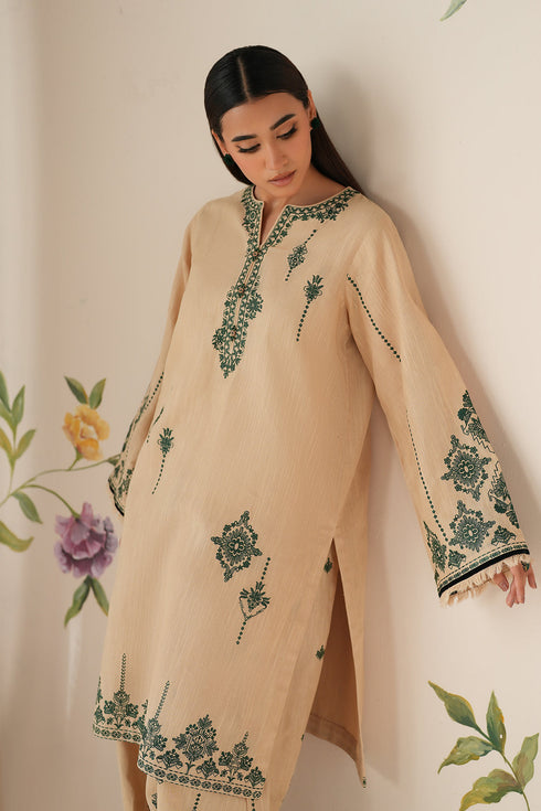BAROUQE-3PC DHANAK EMBROIDERED SHIRT WITH DHANAK EMBROIDERED SHAWL AND TROUSER -FW-229