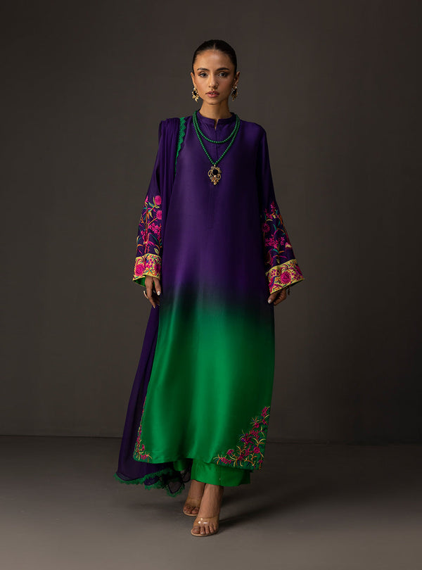 ZAINAB CHOTTANI-3PC SHAMOZE SILK TYE&DYE EMB SHIRT WITH SOFT SILK PRINTED DUPATTA & TROUSER FC-5