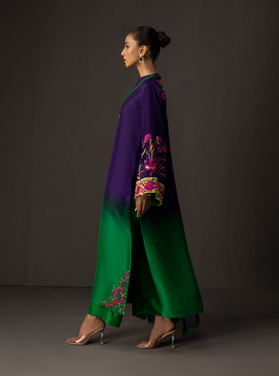 ZAINAB CHOTTANI-3PC SHAMOZE SILK TYE&DYE EMB SHIRT WITH SOFT SILK PRINTED DUPATTA & TROUSER FC-5
