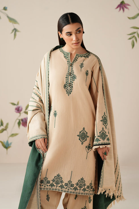 BAROUQE-3PC DHANAK EMBROIDERED SHIRT WITH DHANAK EMBROIDERED SHAWL AND TROUSER -FW-229