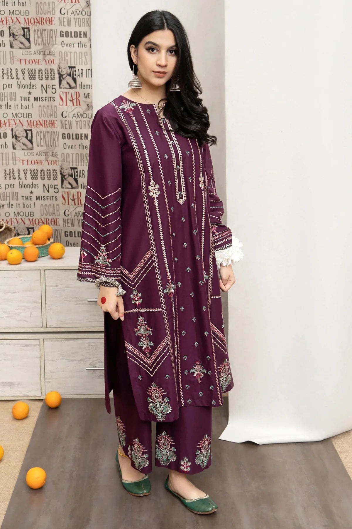 URGE -2PC EMBROIDERED DHANAK DRESS WITH DHANAK DYED TROUSER- FW-78