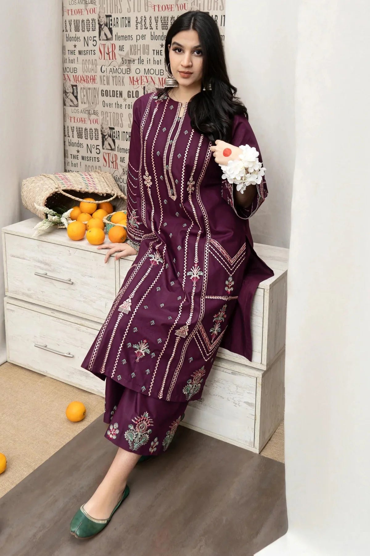 URGE -2PC EMBROIDERED DHANAK DRESS WITH DHANAK DYED TROUSER- FW-78