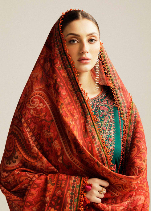 HUSSAIN REHAR-3PC DHANAK EMBROIDERED SHIRT WITH COURTRAI PRINTED SHAWL AND TROUSER-FW-3