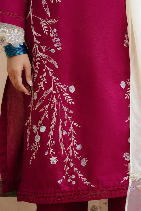 ZAHRA SHAHJAHAN- 3PC DHANAK EMBROIDERED SHIRT WITH VOIL EMBROIDERED SHAWL - FC-132