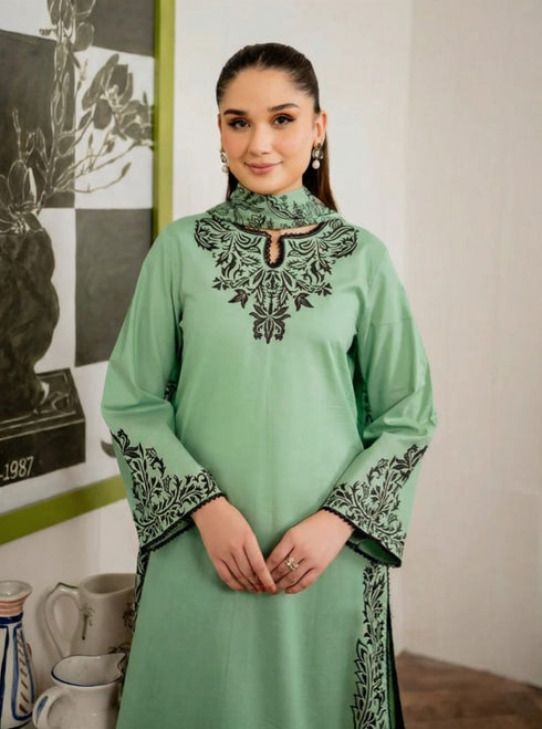 GRANEUT-3PC EMBROIDERED LAWN DRESS WITH PRINTED MONAR DUPPATA - FW-132 SEA GREEN