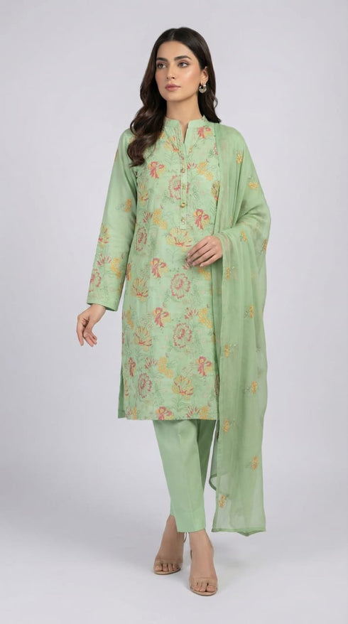 FAIRY CLOTHES-3PC EMBROIDED LAWN DRESS WITH EMBROIDED CHIFFON DUPATTA- FCO-48
