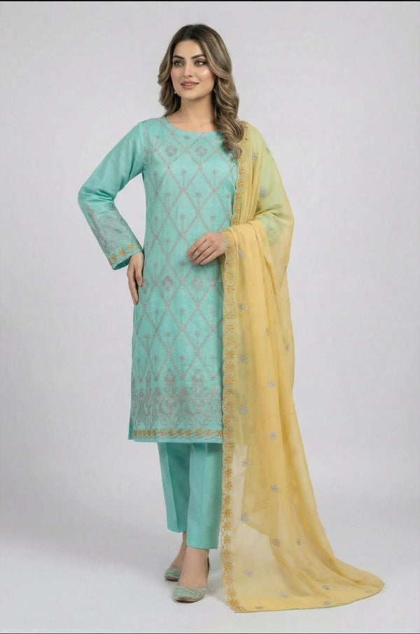 FAIRY CLOTHES-3PC EMBROIDED LAWN DRESS WITH EMBROIDED CHIFFON DUPATTA- FCO-51