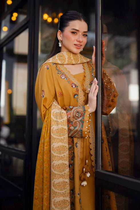 NISHAT-3PC KHADDAR EMBROIDERED SHIRT WITH COURTRAI PRINTED SHAWL & TROUSER