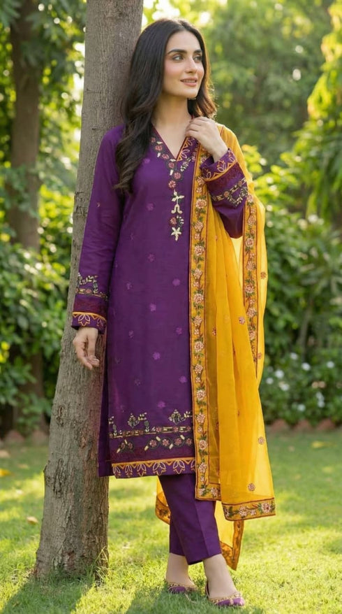AIRY CLOTHES -3PC EMBROIDED LAWN DRESS WITH EMBROIDED CHIFFON DUPATTA- FCO-33