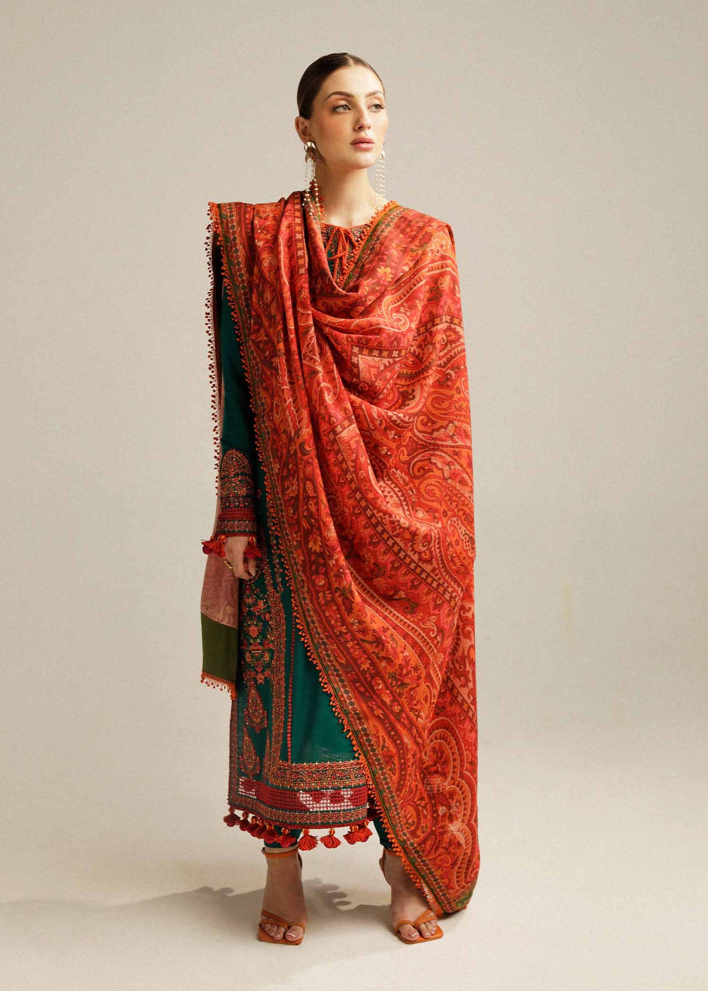 HUSSAIN REHAR-3PC DHANAK EMBROIDERED SHIRT WITH COURTRAI PRINTED SHAWL AND TROUSER-FW-3