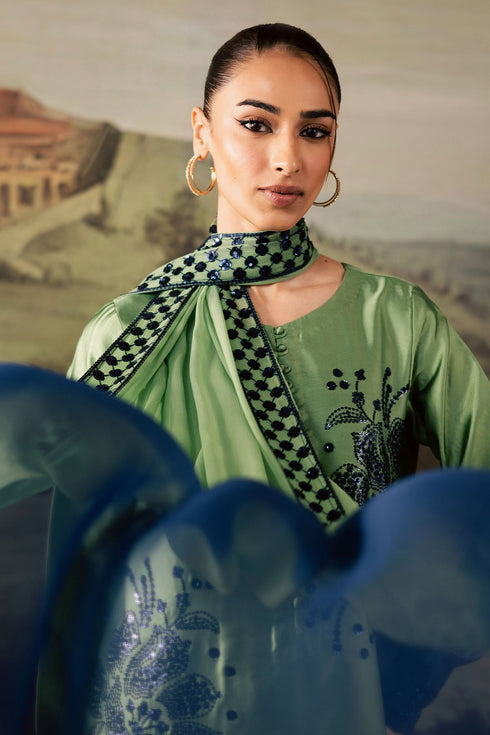 NUREH-3PC SHAMOZE SILK PRINTED EMBROIDERED SHIRT WITH SOFT SILK PRINTED EMB DUPATTA & TROUSER FS-4