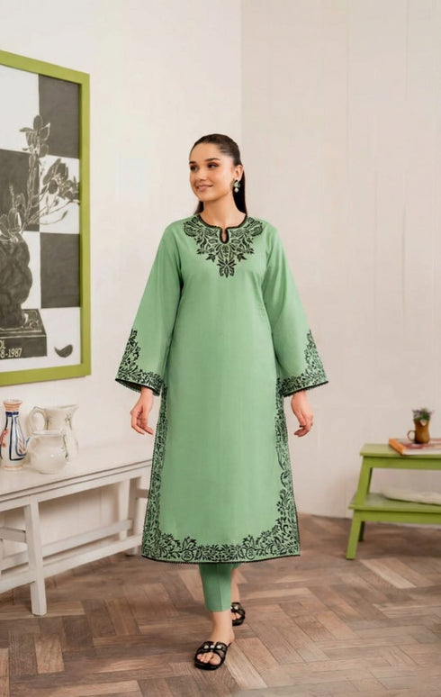 GRANEUT-3PC EMBROIDERED LAWN DRESS WITH PRINTED MONAR DUPPATA - FW-132 SEA GREEN