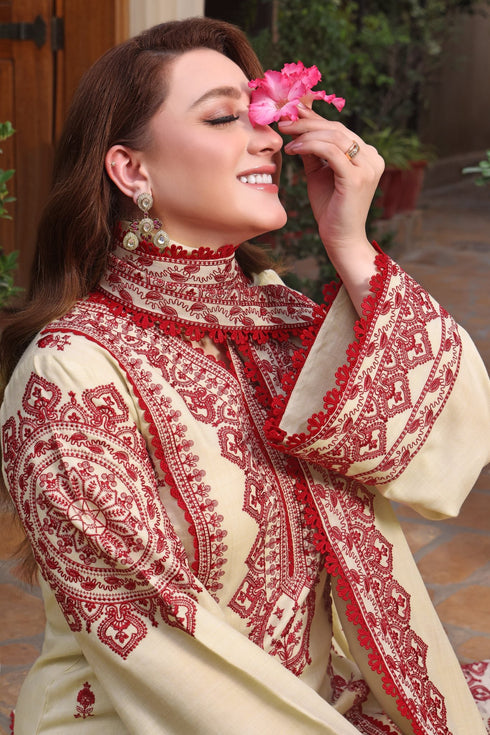 ASIM JOFA-3PC DHANAK EMBROIDERED SHIRT WITH DHANAK EMBROIDERED SHAWL & TROUSER-FW-15