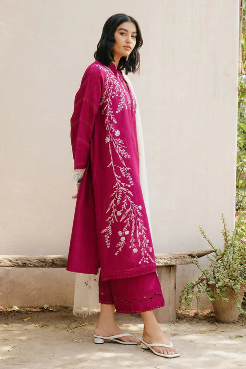 ZAHRA SHAHJAHAN- 3PC DHANAK EMBROIDERED SHIRT WITH VOIL EMBROIDERED SHAWL - FC-132