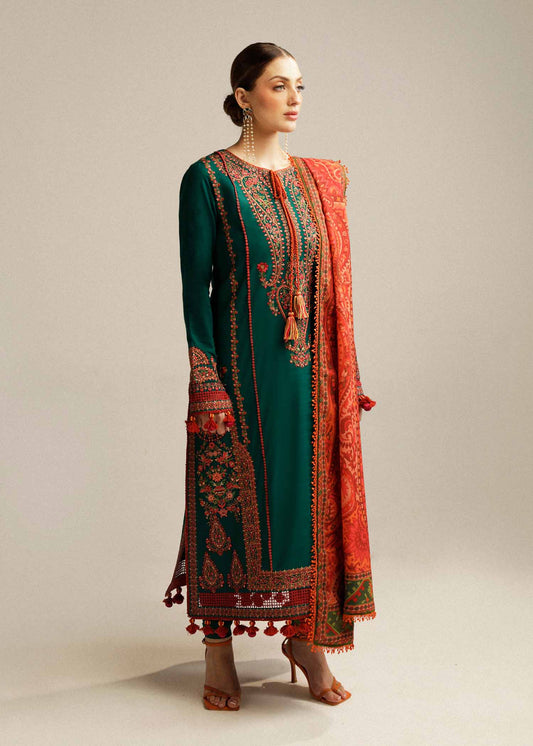 HUSSAIN REHAR-3PC DHANAK EMBROIDERED SHIRT WITH COURTRAI PRINTED SHAWL AND TROUSER-FW-3