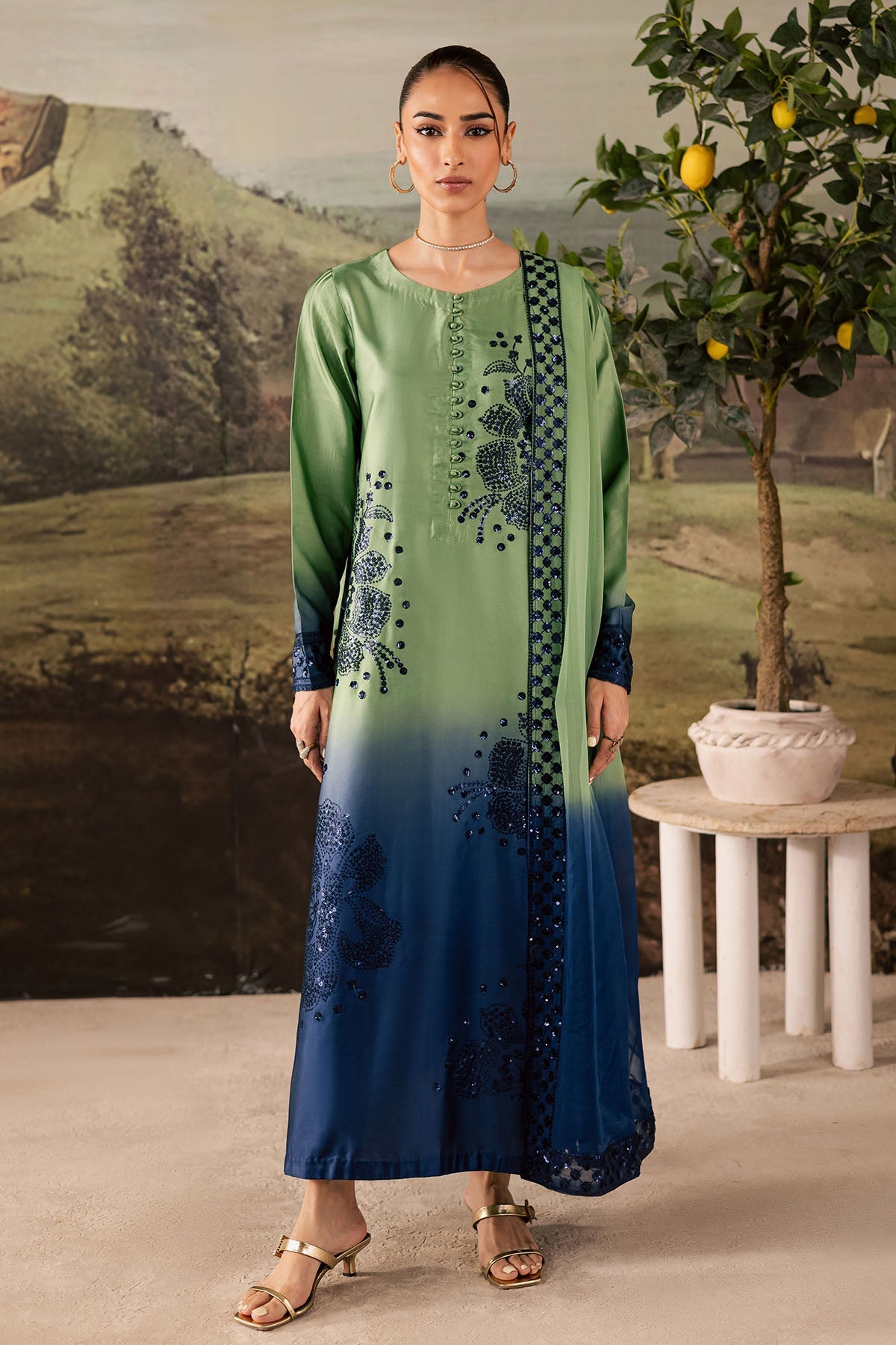 NUREH-3PC SHAMOZE SILK PRINTED EMBROIDERED SHIRT WITH SOFT SILK PRINTED EMB DUPATTA & TROUSER FS-4