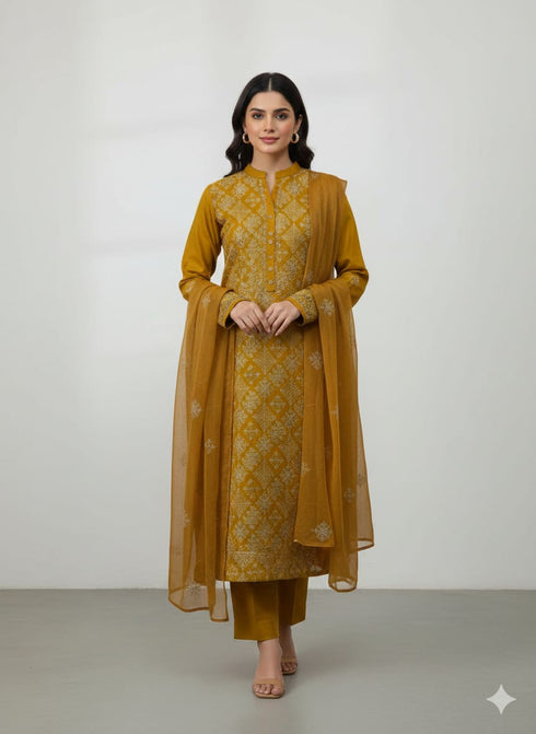 AIRY CLOTHES -3PC EMBROIDED LAWN DRESS WITH EMBROIDED CHIFFON DUPATTA- FCO-32