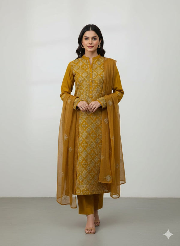 AIRY CLOTHES -3PC EMBROIDED LAWN DRESS WITH EMBROIDED CHIFFON DUPATTA- FCO-32