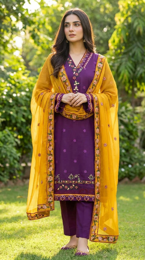 AIRY CLOTHES -3PC EMBROIDED LAWN DRESS WITH EMBROIDED CHIFFON DUPATTA- FCO-33