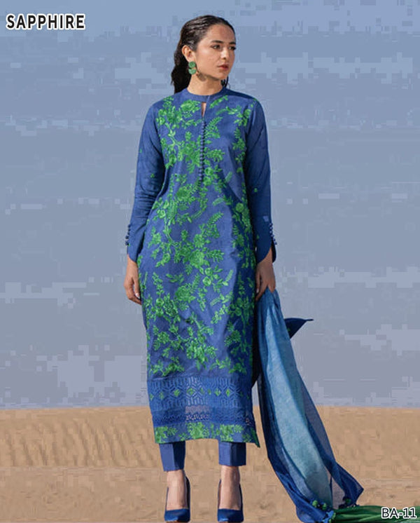 SAPPHIRE UNSTITCHED 3-PC DHANAK EMBROIDERED SHIRT WITH DHANAK EMBROIDERED SHAWLAND TROUSER FCO 97