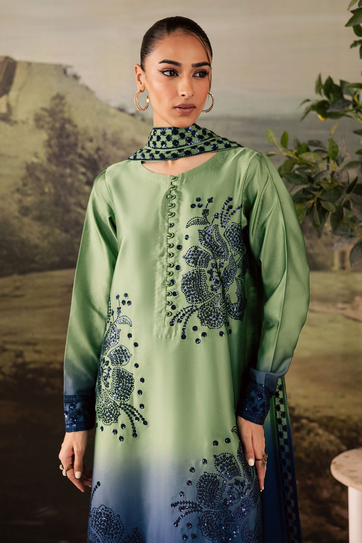 NUREH-3PC SHAMOZE SILK PRINTED EMBROIDERED SHIRT WITH SOFT SILK PRINTED EMB DUPATTA & TROUSER FS-4