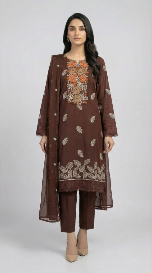 FAIRY CLOTHES-3PC EMBROIDED LAWN DRESS WITH EMBROIDED CHIFFON DUPATTA- FCO-50