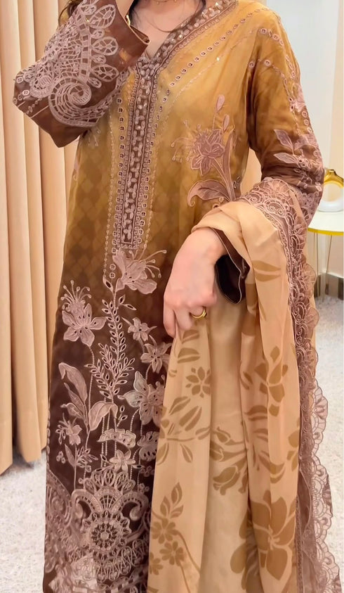 Fairy Clothes -EMBROIDED CUTWORK LINEN DRESS WITH FOUR SIDE EMBROIDED SILK DUPATTA FN-143